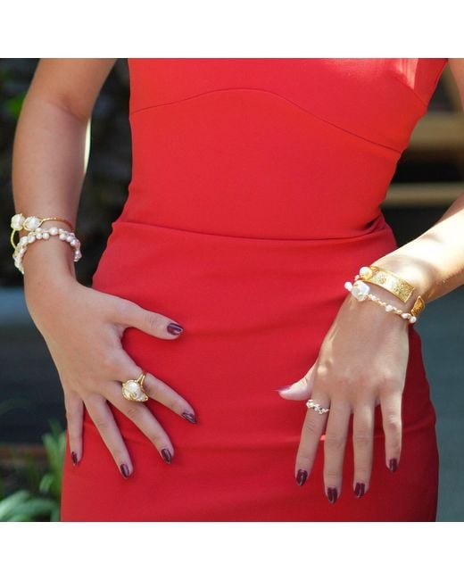 Ebru Jewelry Metallic Cleopatra Twisted Design Pearl & Cuff Bracelet