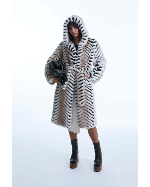 James Lakeland White Faux Fox Belted Long Coat