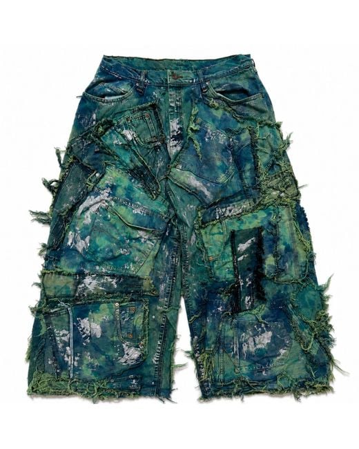 Zasta Studio Green Wearable Ruins Shredded Wide Leg Colored Denim Pants