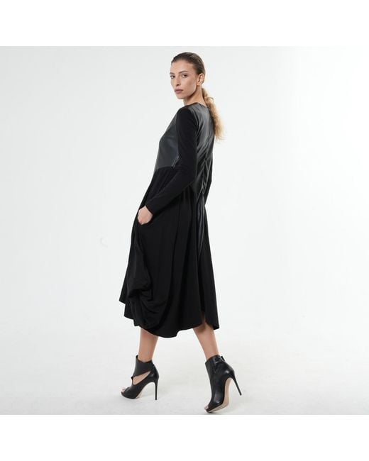 Metamorph Black Midi Dress With Leather Detail