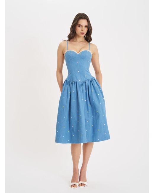 Miss Circle New York Blue Zadie Cotton Denim Drop Waist Embroidery Flower Midi Dress