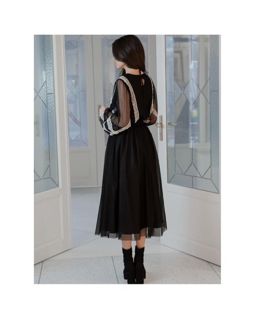 concept A trois Black Tulle Blouse With Polka Dots And Lace Details
