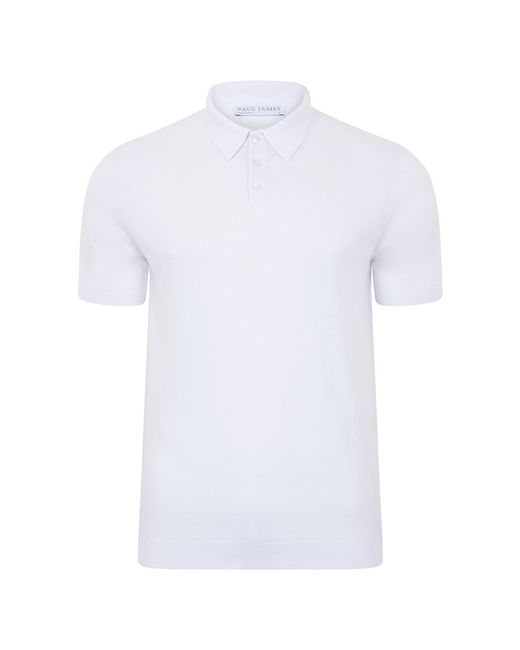 Paul James Knitwear White Ultra Fine Cotton Earl Short Sleeve Polo Shirt for men