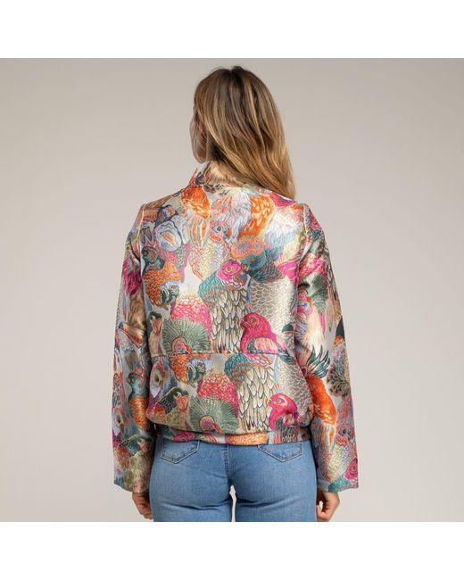 Tantra Spain Sl Printed Brocade Jacket With Gathered Waist, Clip Closure, And Front Flap Pockets