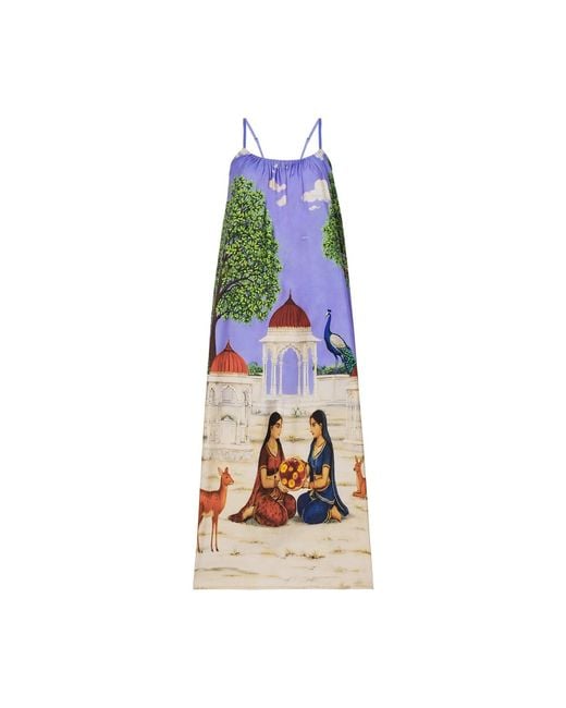 DHARA SHETH DUBAI Blue Saanjh Heritage Art Print Spaghetti Strap Cotton Maxi Dress