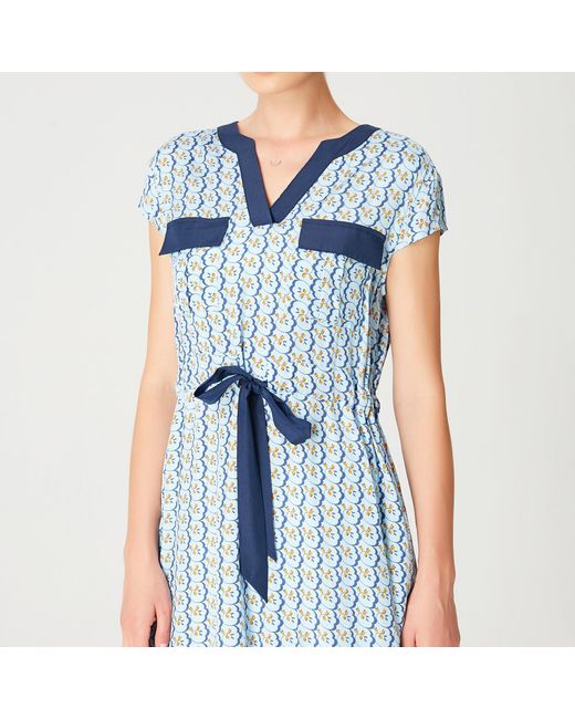 Smart and Joy Blue Tunic Dress With Drawstring Belt And Geometric Print