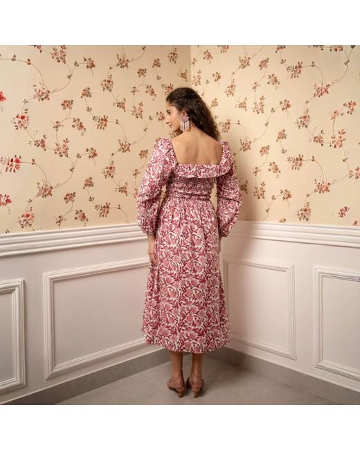 Echo of Pink Pink Portia Smoked Hand Block Print Cotton Floral Midi Dress