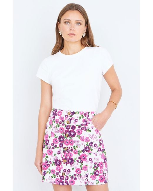 Yumi' Purple Retro Floral Cotton Stretch Mini Skirt