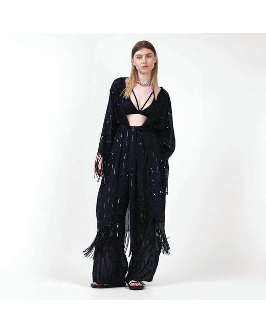 BLUZAT Black Matching Set With Sequin Kimono And Pants