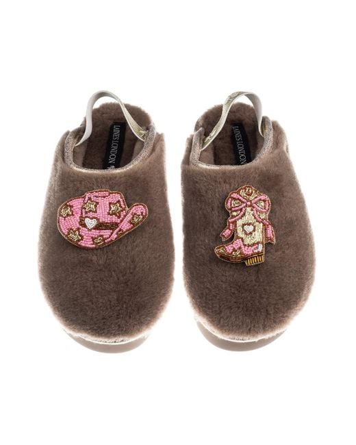 Laines London Brown Neutrals Flatform Cloud Closed Toe Slippers With Cowgirl Hat & Cowgirl Boots Brooches