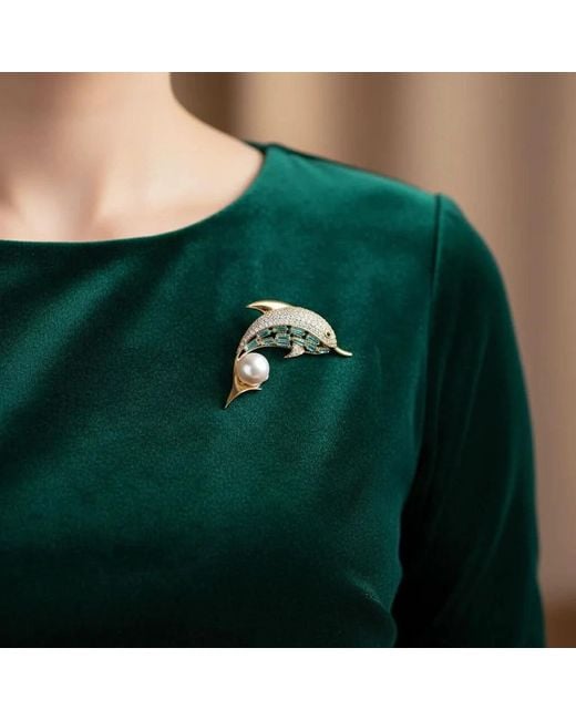 Angel Barocco Metallic Dolphin Pearl Crystal Brooch