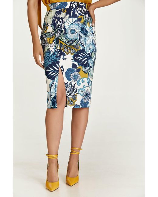 Conquista Blue Floral Cotton Pencil Skirt In Shades