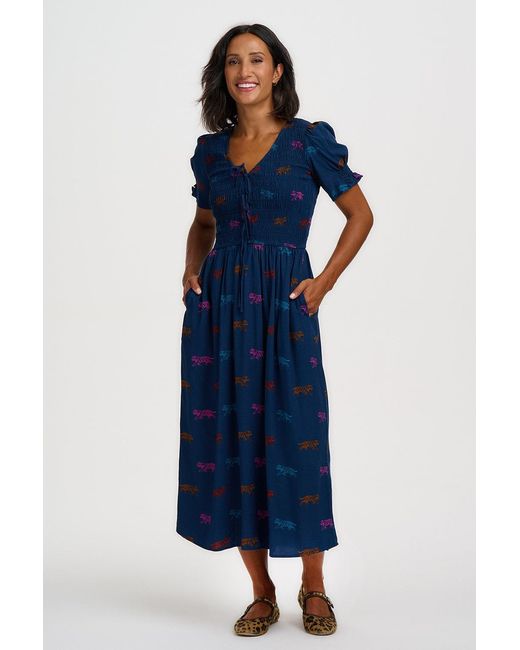 Sugarhill Blue Lacy Shirred Midi Dress Petrol Tiger