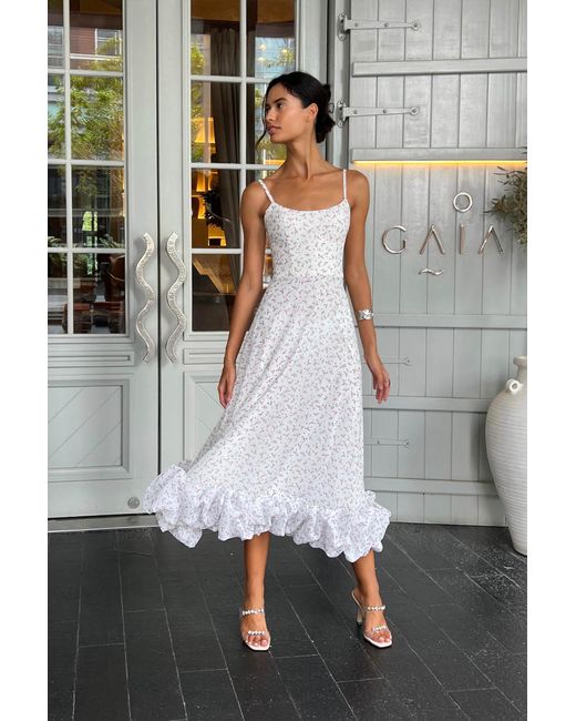 POST MERIDIEM White Floral Flounce Bustier Midi Dress