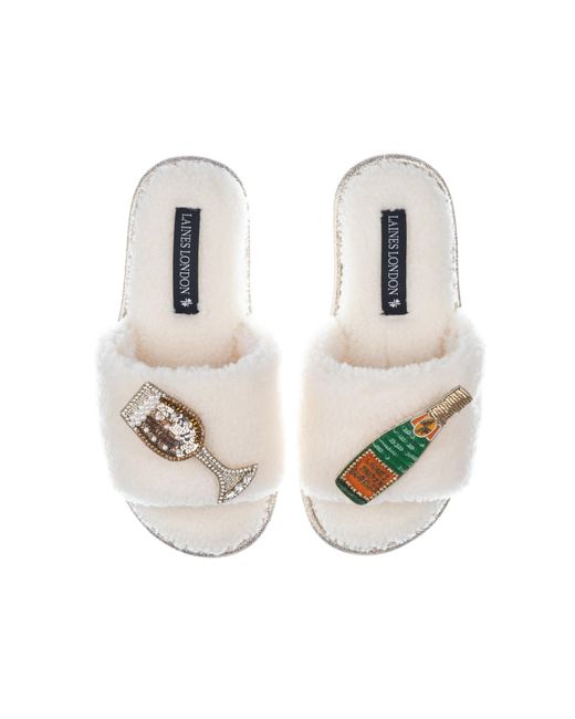 Laines London Metallic Teddy Towelling Slipper Sliders With Laines Champers Brooches
