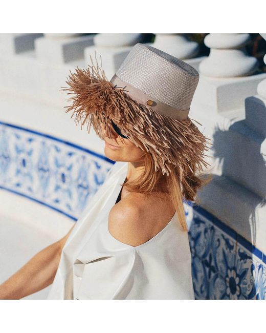Victoria Slavinskaia Natural Neutrals Wide-Brim Hat With Raffia Fringe