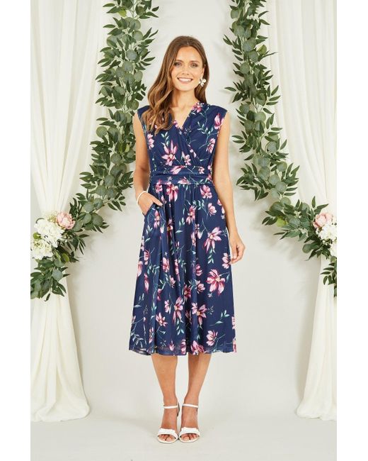 Yumi' Blue Floral Print Mesh Stretch Midi Dress With Pockets