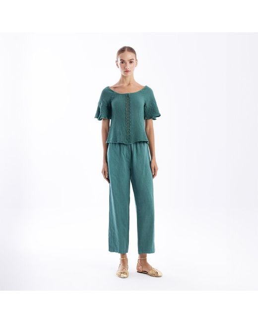 Haris Cotton Blue Off Shoulder Textured Cotton Blouse With Sheer Lace Emerald