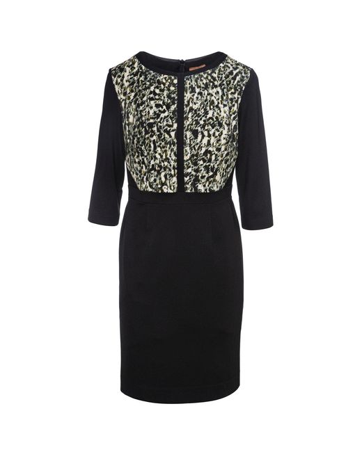 Conquista Black Straight Dress With Animal Print Detail