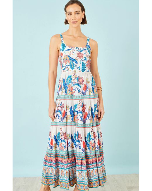 Yumi' Blue Boho Block Print Tiered Maxi Dress