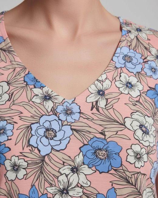Lords of Harlech Blue Victoria Tropical Mix Coral V-Neck Printed Top