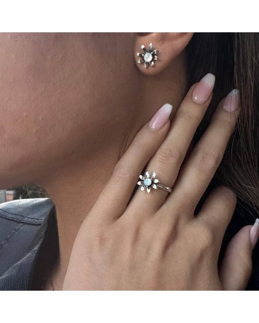 Unaloe Metallic Sterling Daisy Flower Stud Earrings With Mother Of Pearl – Contemporary Floral Designer Jewelry