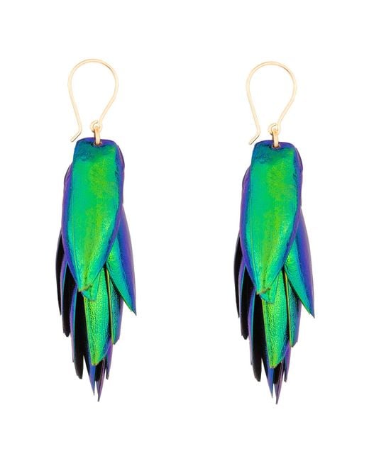 Oana Savu Blue Beetle Wings Drop Statement Earrings Hook Ear Wires