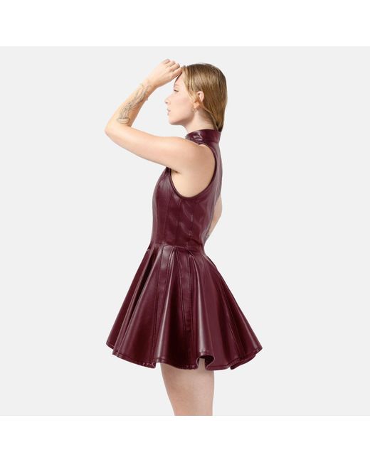 Kargede Purple Pleated Burgundy Leather Mini Dress – Evening Zip Up With High Neck & Designer Faux