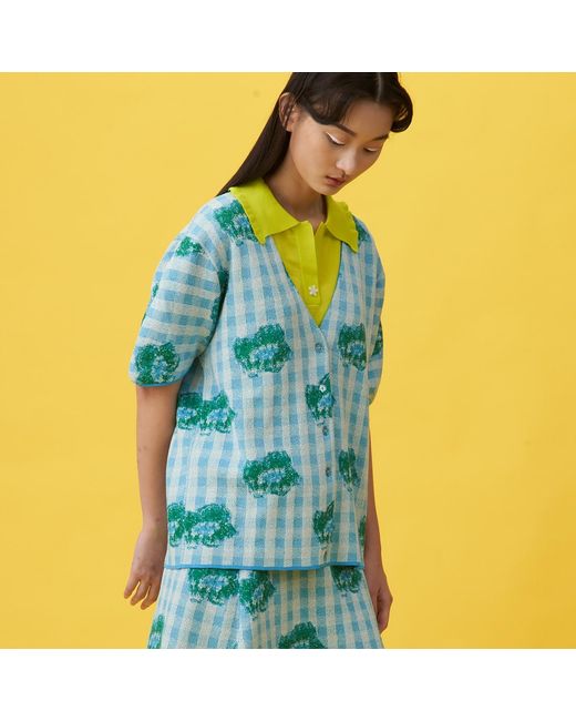 Arto. Blue Summer Floral Daisy Linen-Like Cotton Knit Top