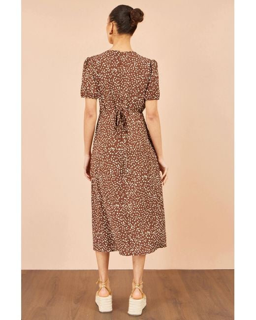 Yumi' Brown Spot Midi Dress With Split Hemline