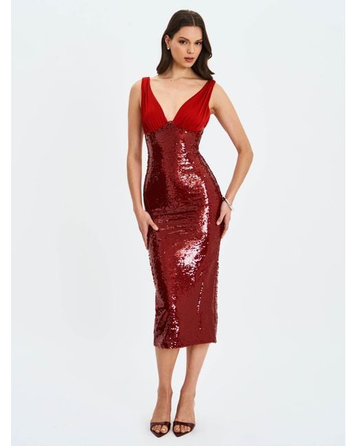 Miss Circle New York Red Shanelle Crimson Sequin Plunging Midi Dress