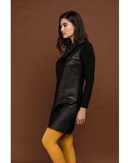 Conquista Black Dress With Faux Leather Detail By Si Fashion