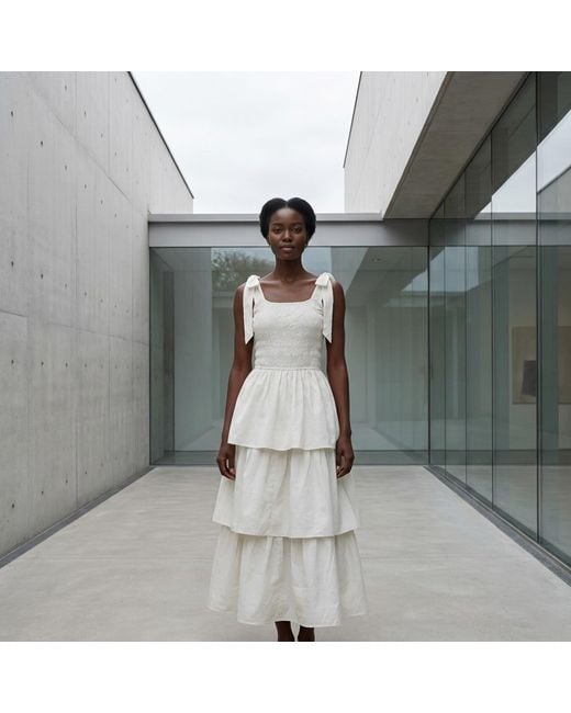 Modenaire White Smocked Midi Dress Tiered Form