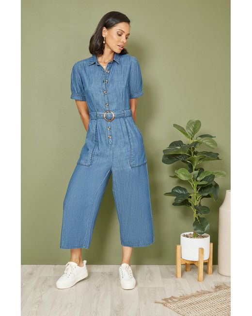 Yumi' Blue Cotton Chambray Button Up Jumpsuit