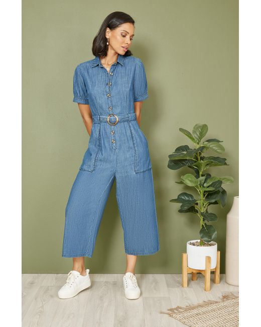 Yumi' Blue Cotton Chambray Button Up Jumpsuit