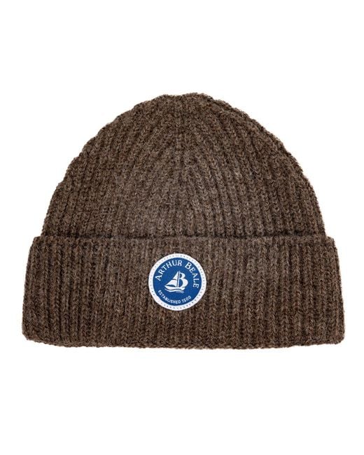 Arthur Beale Brown Neutrals Badge Beanie Hat for men