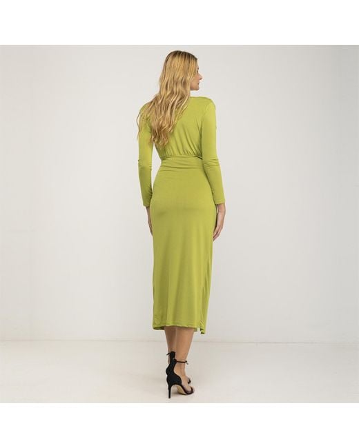 Tantra Spain Sl Green Solid Draped Maxi Dress With V Neck And Long Sleeves
