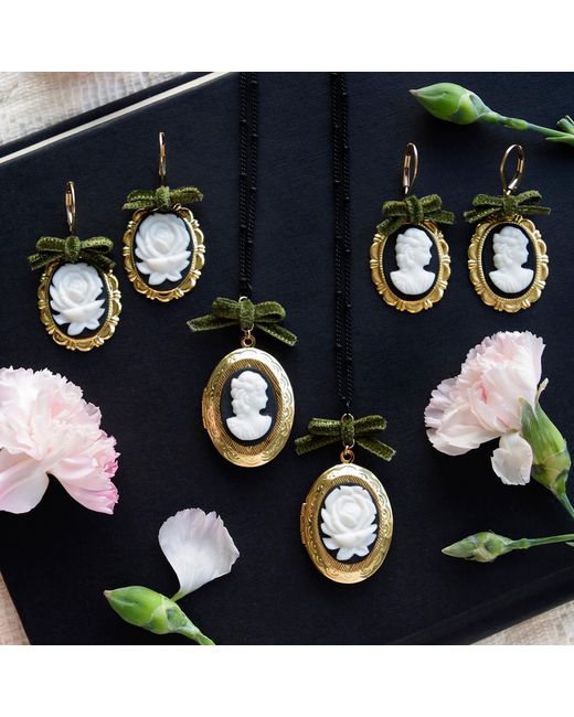 POPORCELAIN Metallic Dark Romance Rose Oval Porcelain Cameo Earrings