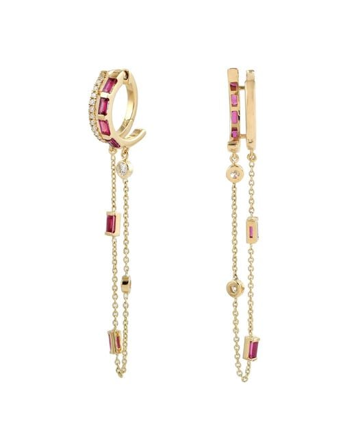 Artisan Metallic Baguette Ruby & Diamond Double Mixed Fringe Chain huggies Hoops Earring In 18k Gold