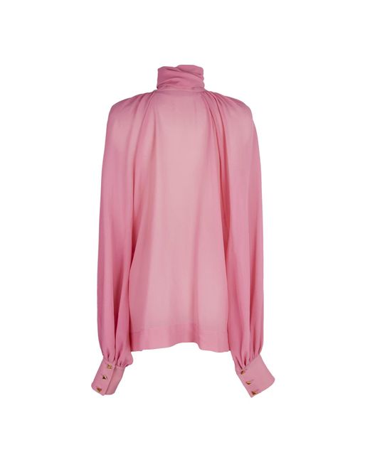 Rua & Rua Pink Silk Chiffon Blouse With Necktie — Vivid Rose