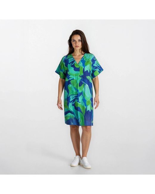 Haris Cotton Blue Printed Linen Notched Neckline Dress With Batwing Sleeve Lagoon