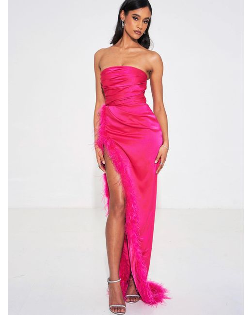 Miss Circle New York Pink Perrin Fuchsia Feather Dress High Slit Gown