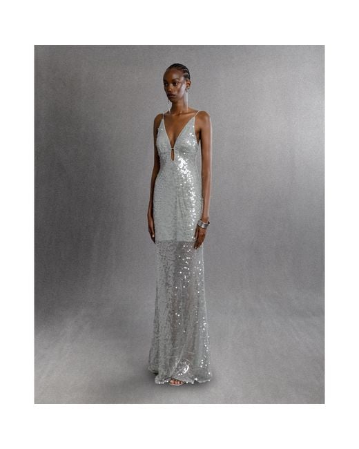 Aisl Gray Sequin Plunge Gown