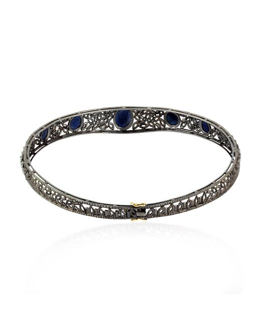 Artisan Metallic 925 Sterling Silver & 18k Gold Blue Sapphire Diamond Choker Necklace Handmade Jewelry
