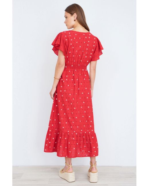 Yumi' Red Broderie Anglaise Wrap Midi Dress With Flower Embroidery