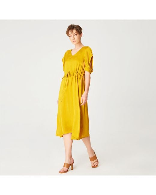 Smart and Joy Yellow V-Neckline Midi Dress With Drawstring Belt