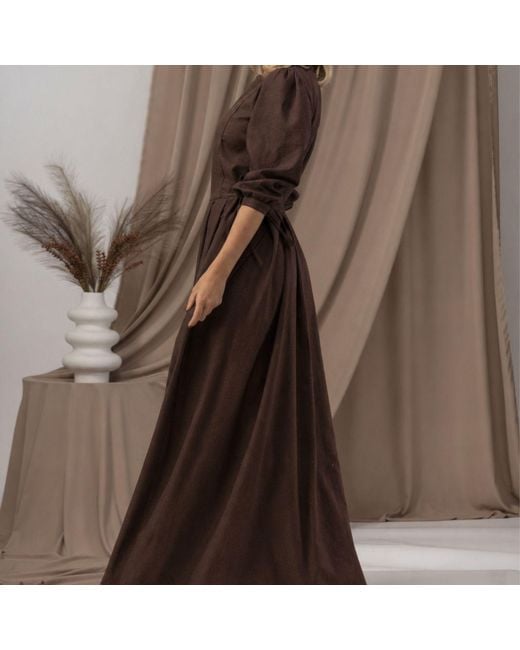 Nikka Place Brown Maxi Linen A-Line Dress With Bishop Sleeves And Pockets