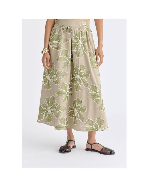 Paisie Natural Floral Embroidered Midi Skirt