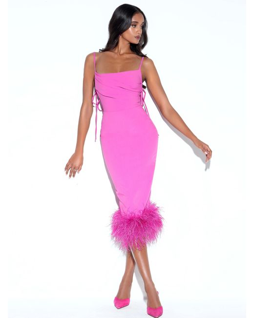 Miss Circle New York Pink Fiona Fuchsia Feather Trim Bottom Maxi Dress