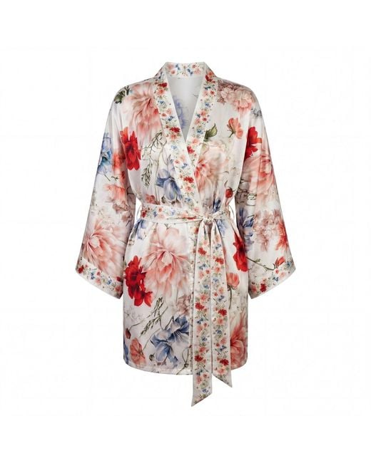 Vimissia Red Blossom Serenity Short Silk Kimono Style Robe